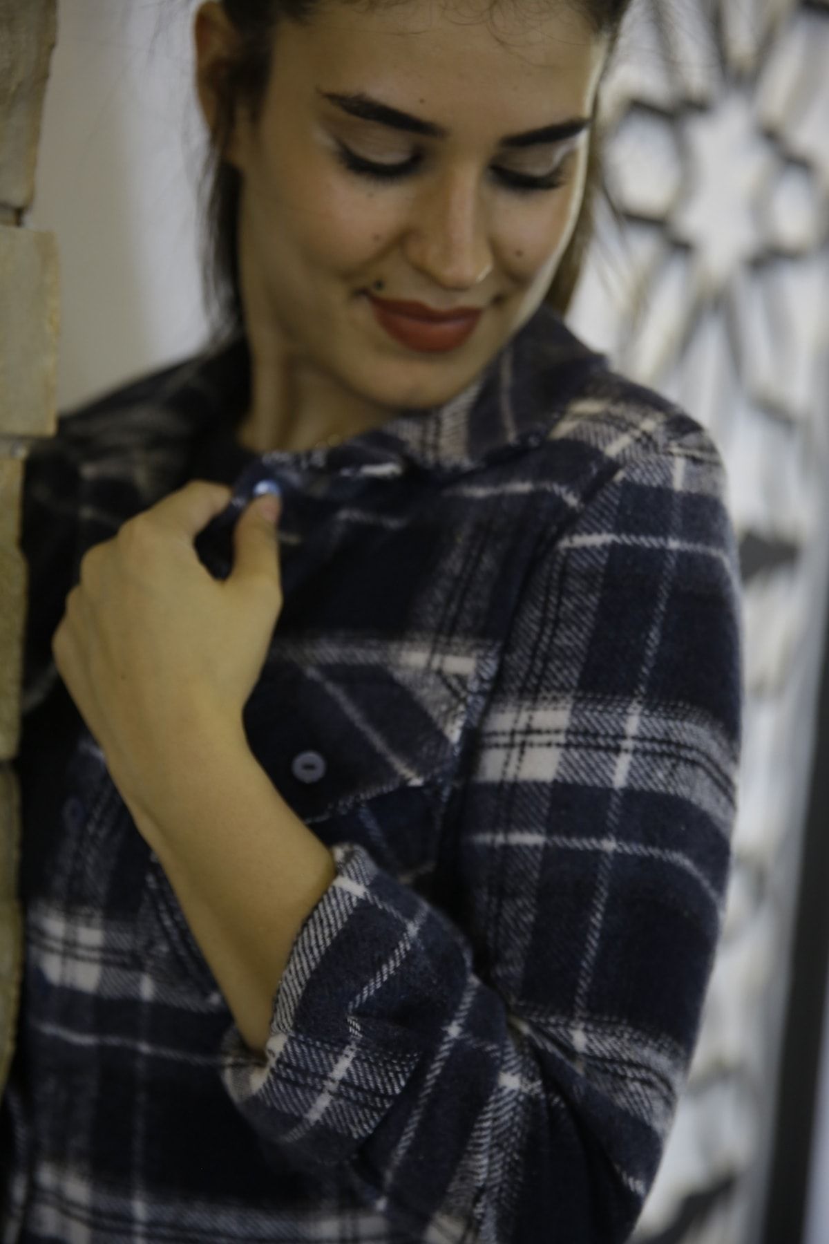 Kadın Lacivert Uzun Kol Ekoseli Oduncu Gömlek 1068L