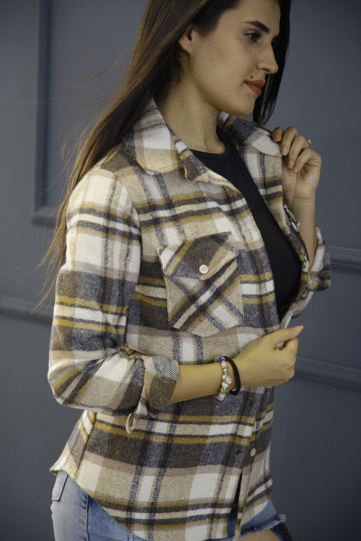 Kadın Vizon Uzun Kol Ekoseli Oduncu Gömlek 1068V