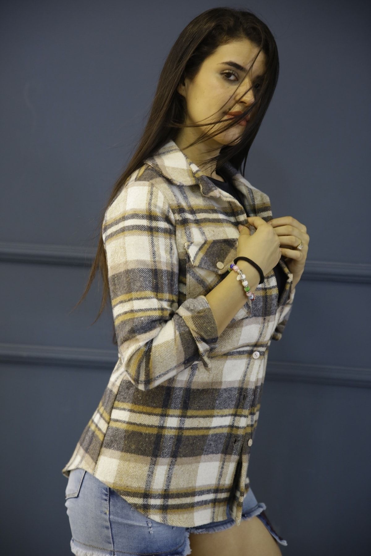 Kadın Vizon Uzun Kol Ekoseli Oduncu Gömlek 1068V