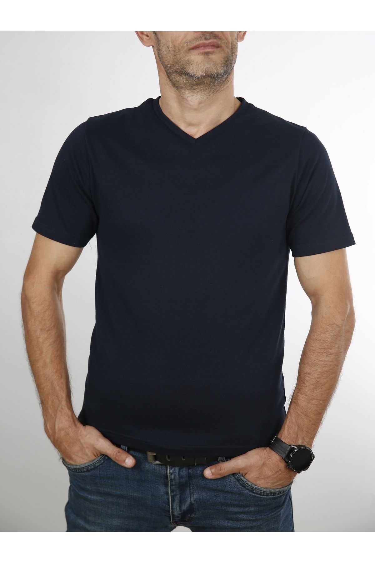 Erkek Lacivert V Yaka Slim Fit Kısa Kol T-Shirt 2000L