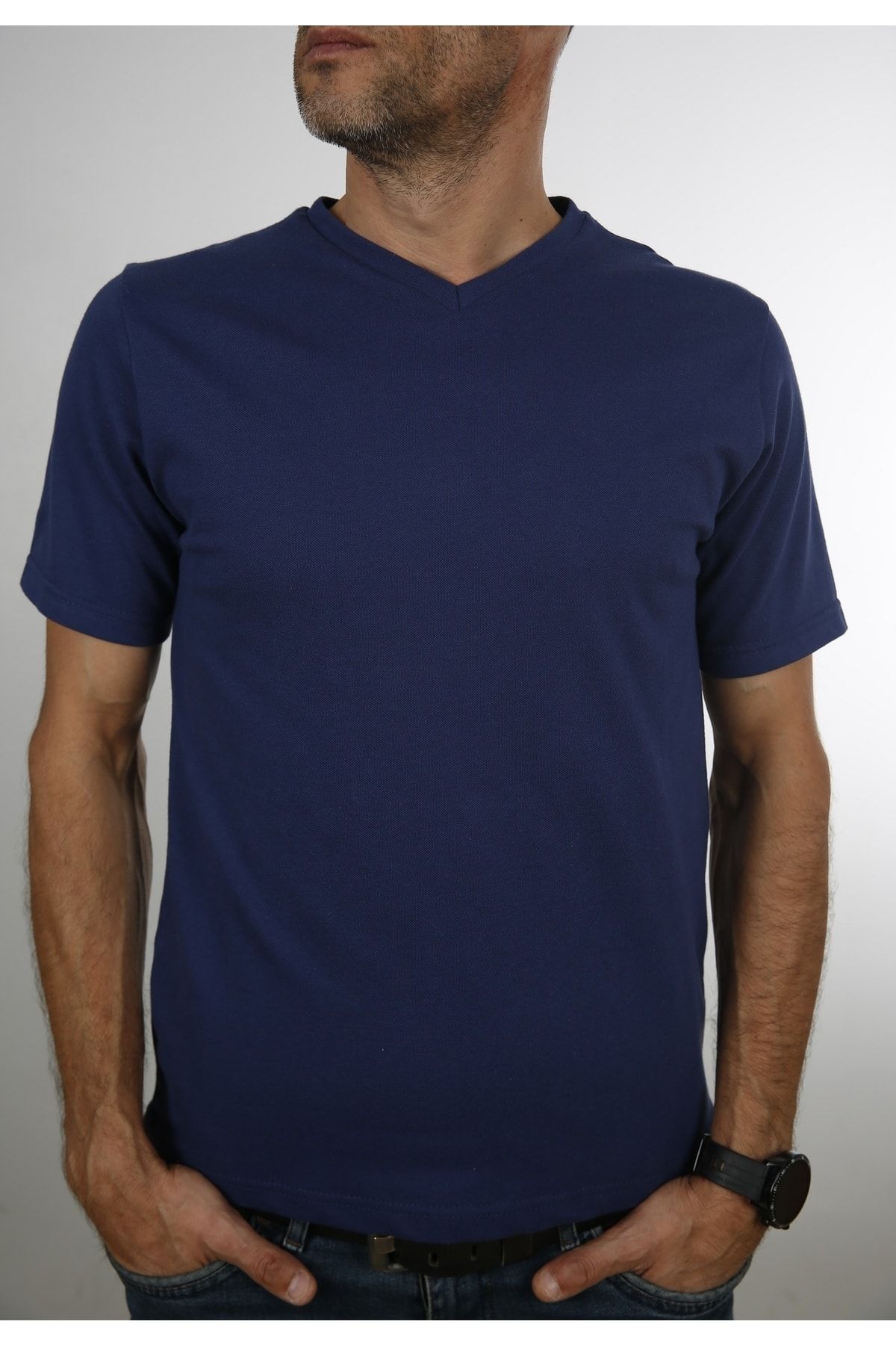 Erkek İndigo V Yaka Slim Fit Kısa Kol T-Shirt 2000İ
