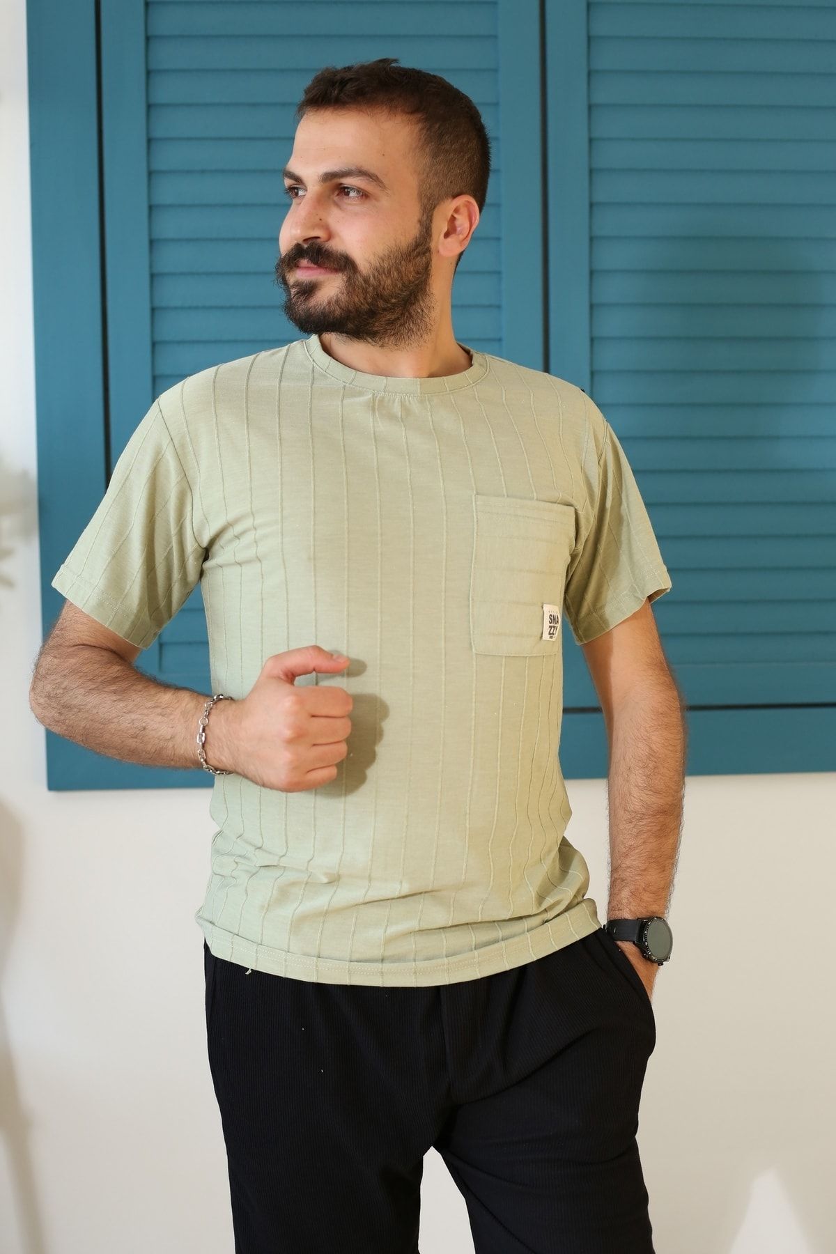 Erkek Çağla Yeşili Oversize Desenli Kumaş T-Shirt 3310-44