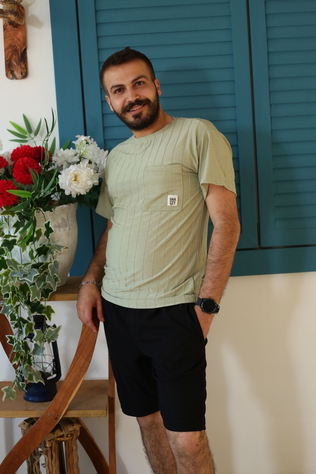 Erkek Çağla Yeşili Oversize Desenli Kumaş T-Shirt 3310-44