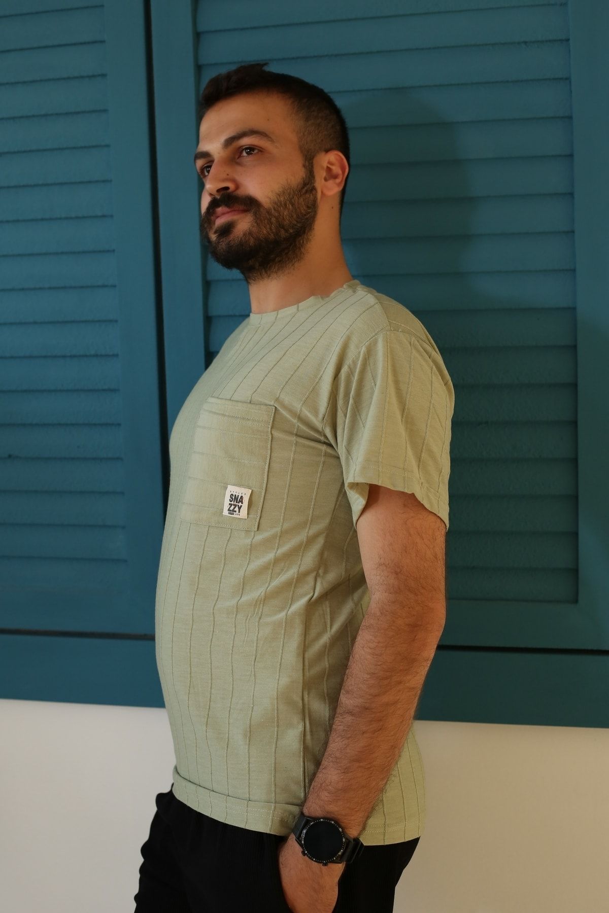 Erkek Çağla Yeşili Oversize Desenli Kumaş T-Shirt 3310-44