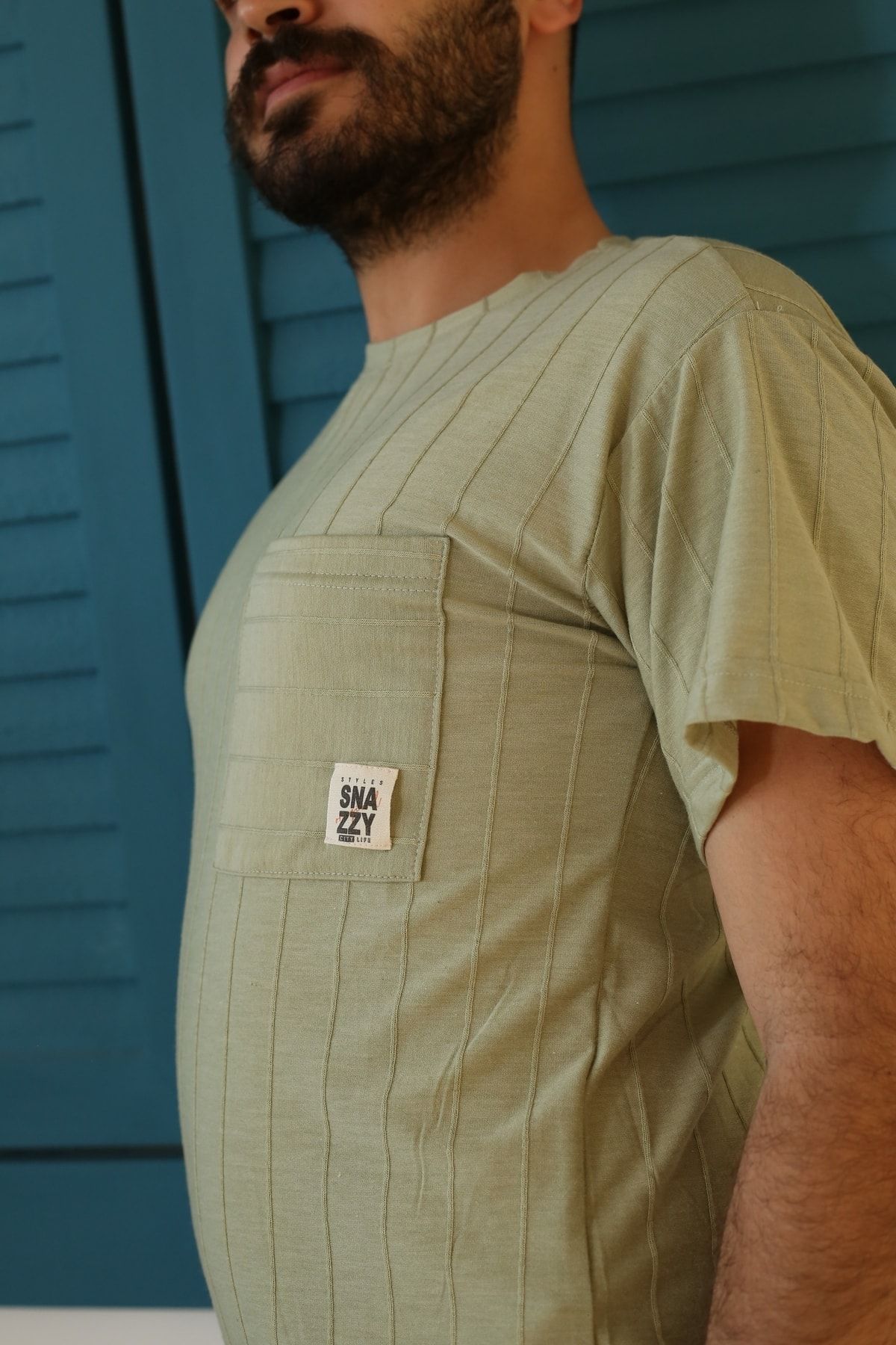 Erkek Çağla Yeşili Oversize Desenli Kumaş T-Shirt 3310-44