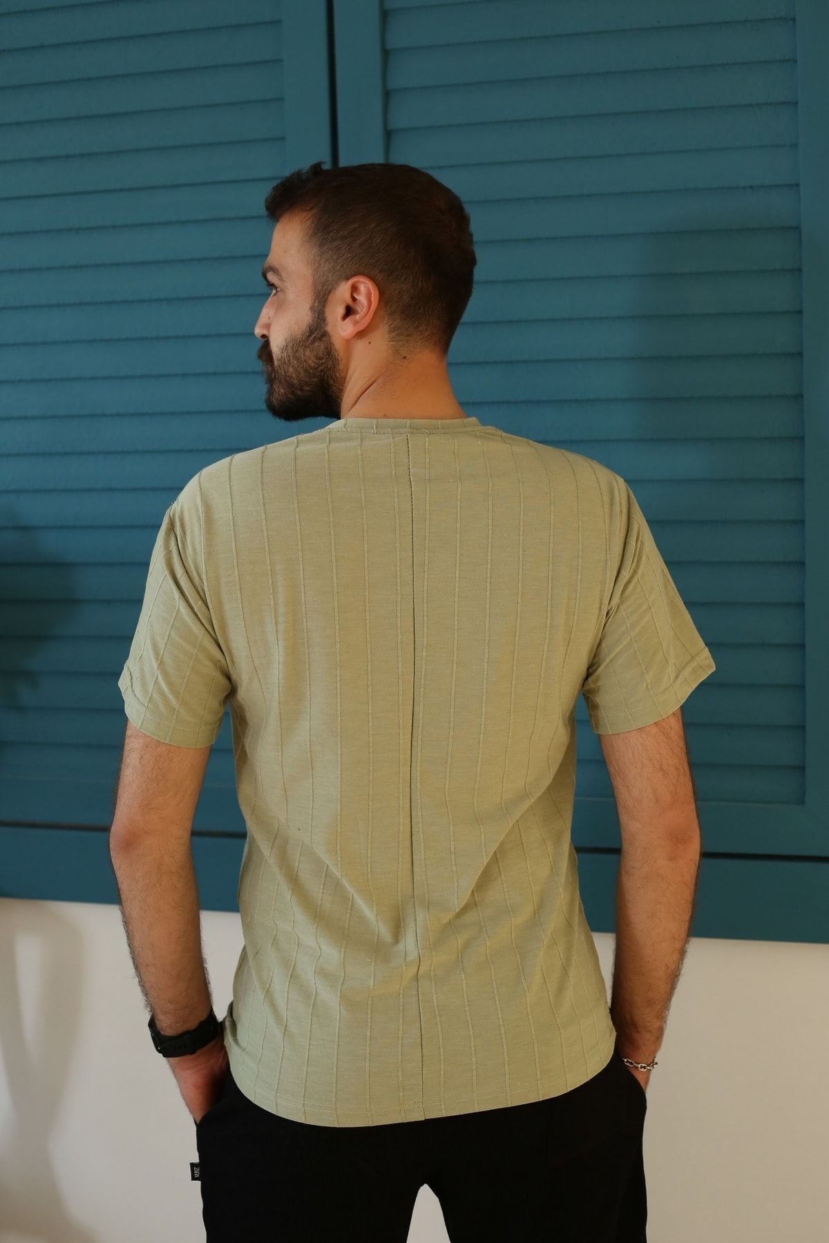 Erkek Çağla Yeşili Oversize Desenli Kumaş T-Shirt 3310-44