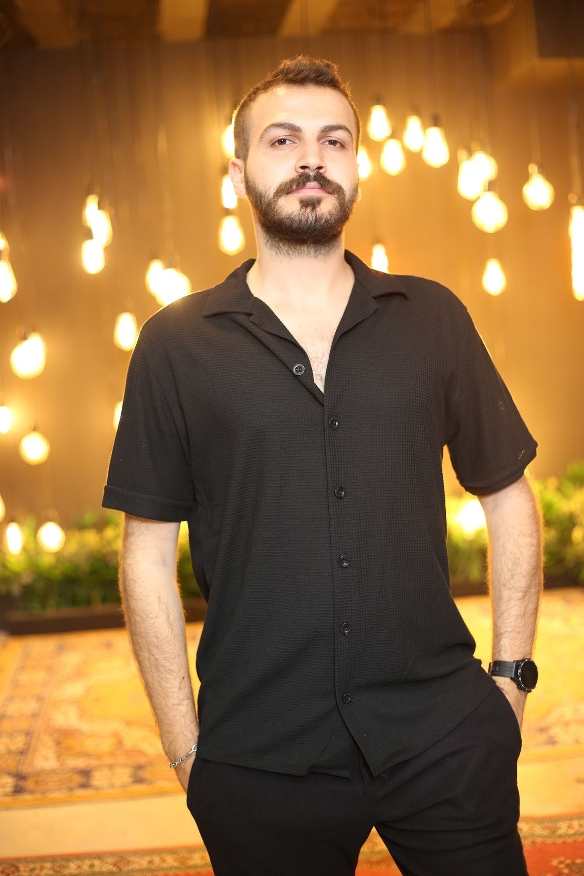 Siyah Desenli Kısa Kol Polo Yaka Tarz Oversize Gömlek 3370-01