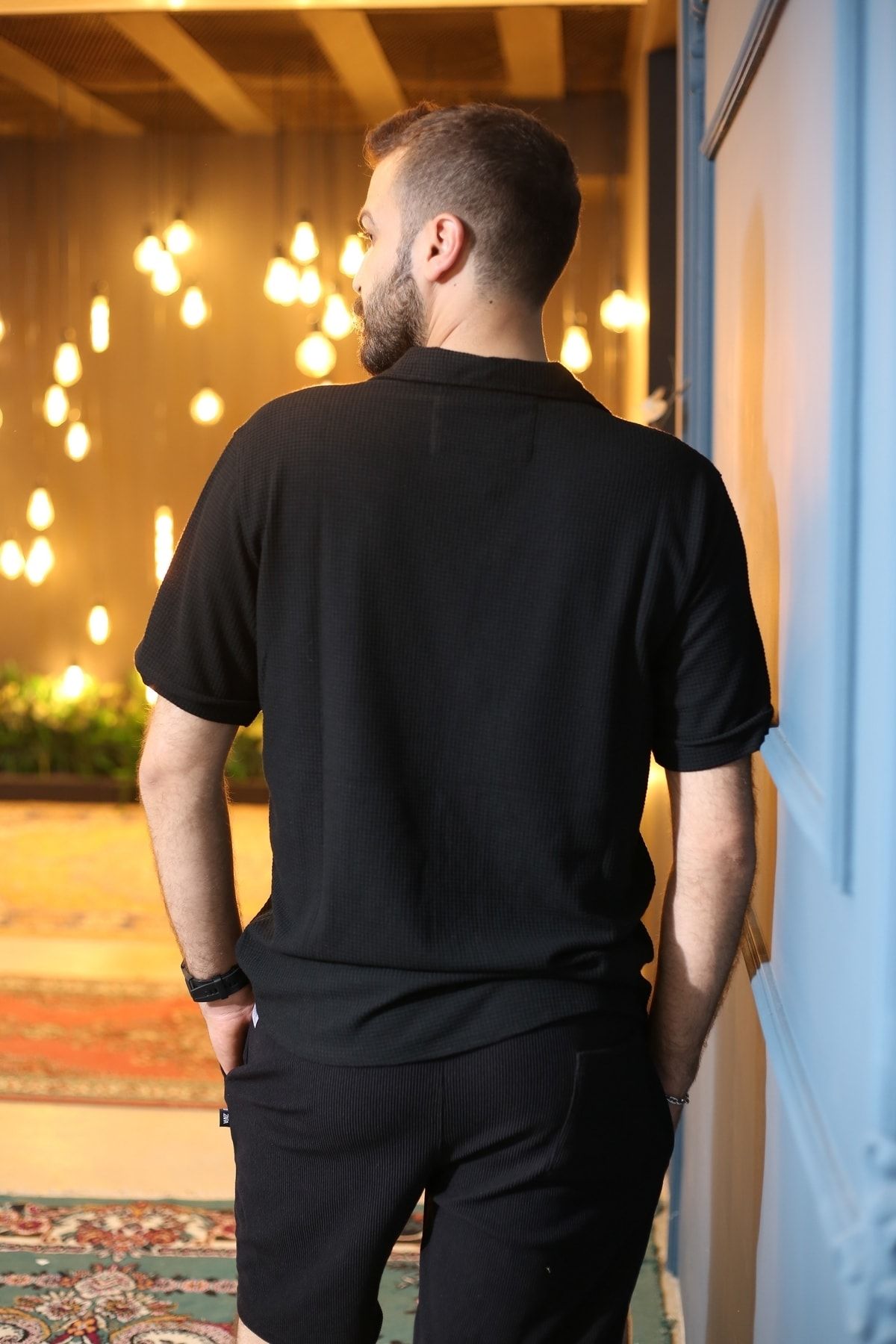 Siyah Desenli Kısa Kol Polo Yaka Tarz Oversize Gömlek 3370-01