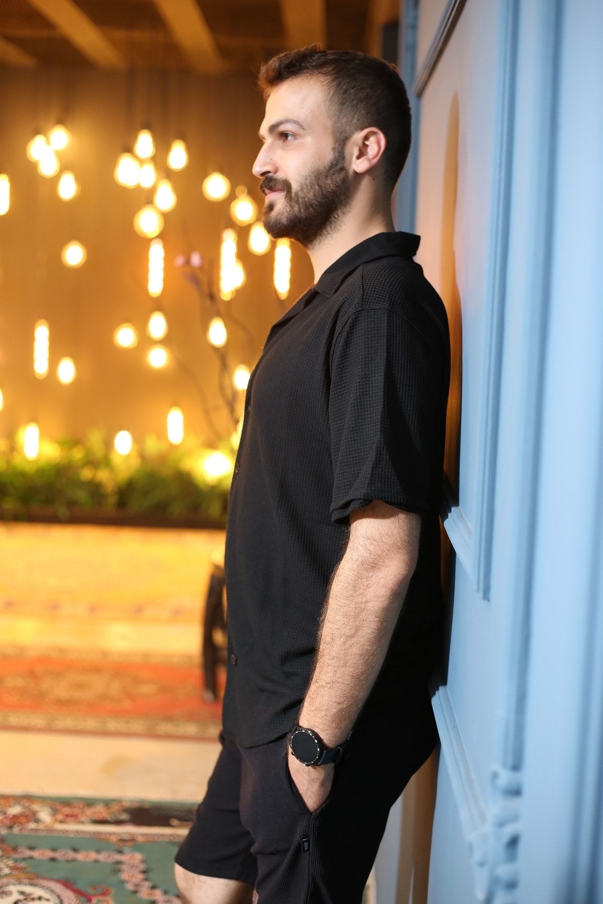 Siyah Desenli Kısa Kol Polo Yaka Tarz Oversize Gömlek 3370-01