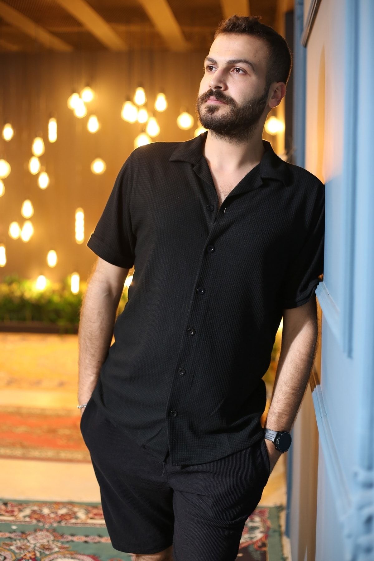 Siyah Desenli Kısa Kol Polo Yaka Tarz Oversize Gömlek 3370-01