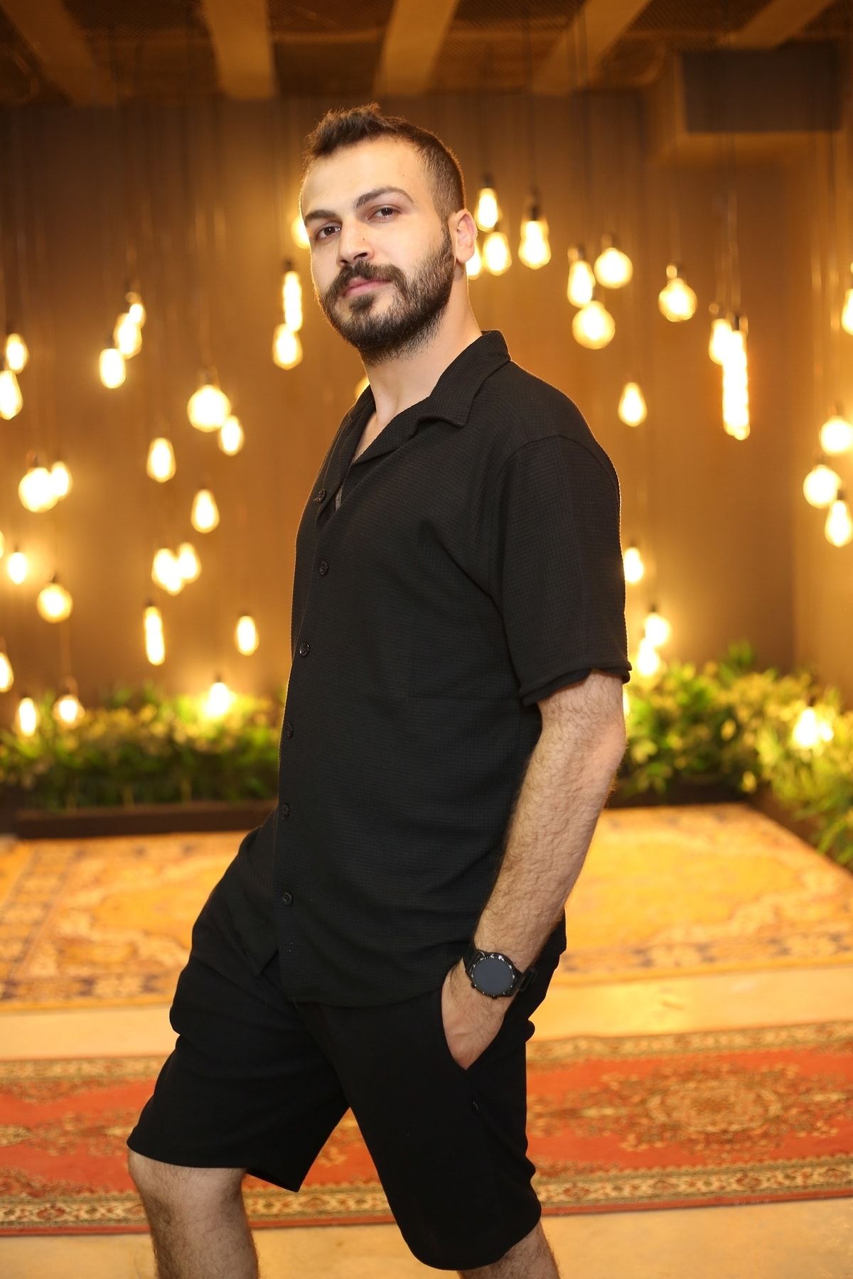 Siyah Desenli Kısa Kol Polo Yaka Tarz Oversize Gömlek 3370-01