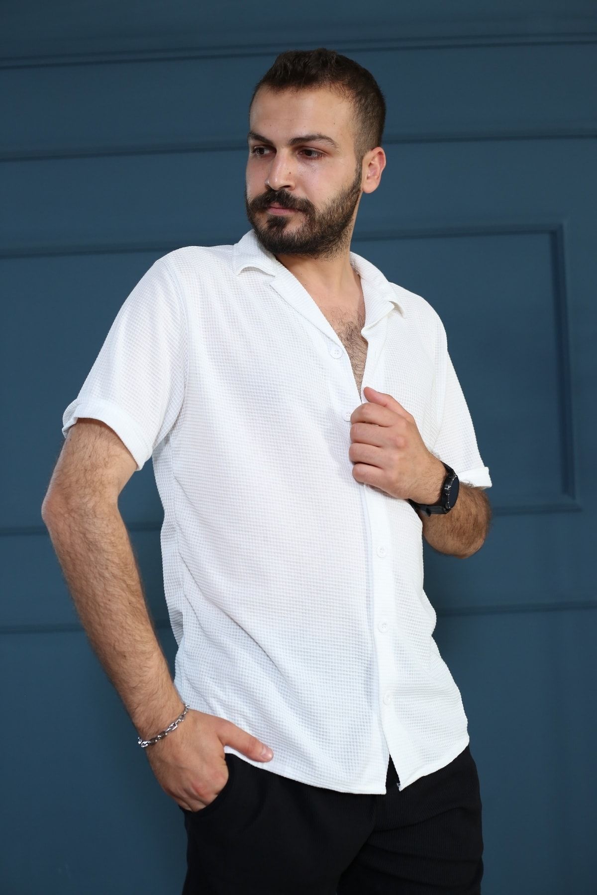 Beyaz Desenli Kısa Kol Polo Yaka Tarz Oversize Gömlek 3370-02