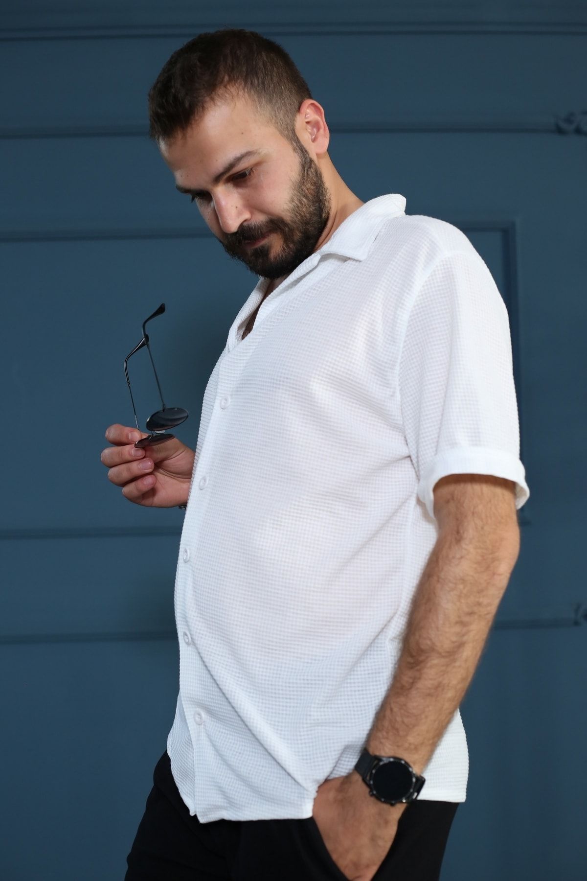 Beyaz Desenli Kısa Kol Polo Yaka Tarz Oversize Gömlek 3370-02