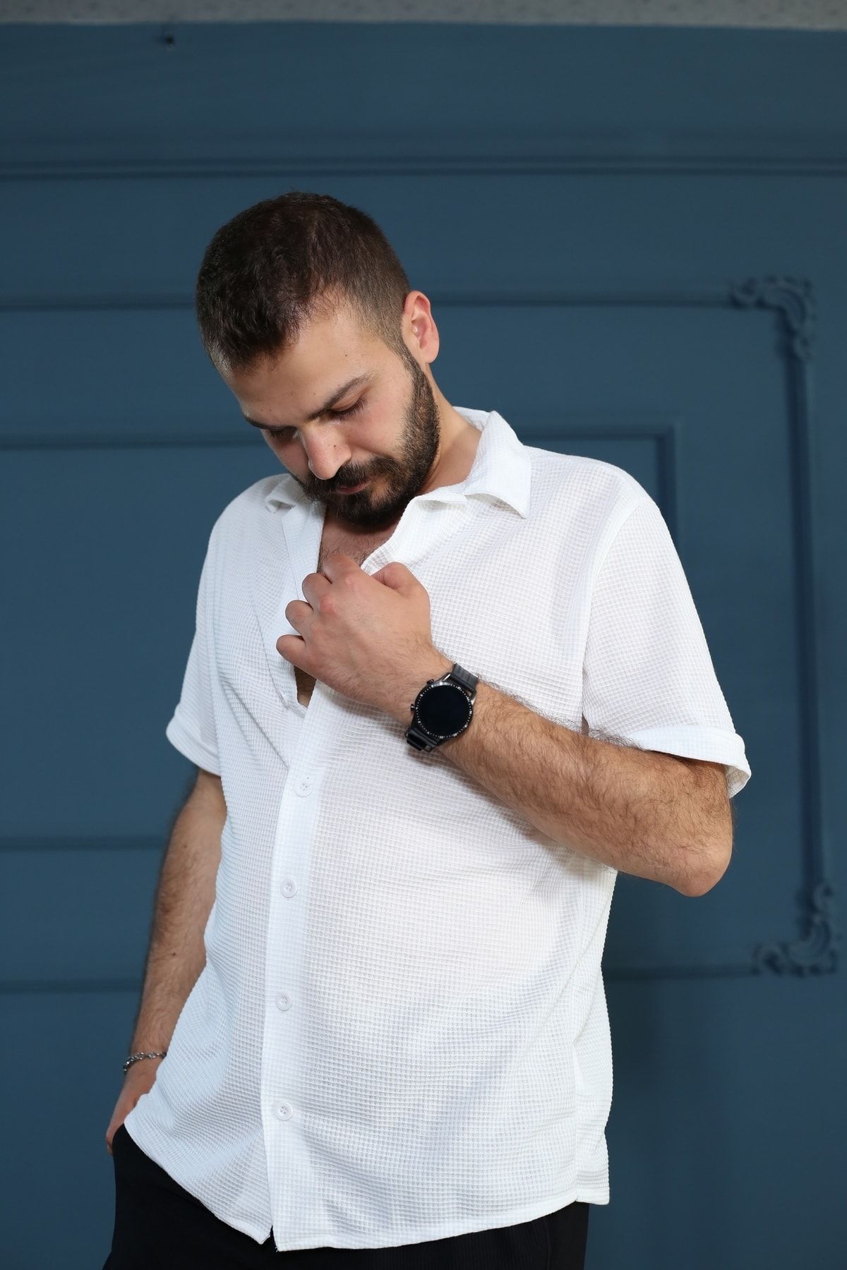 Beyaz Desenli Kısa Kol Polo Yaka Tarz Oversize Gömlek 3370-02