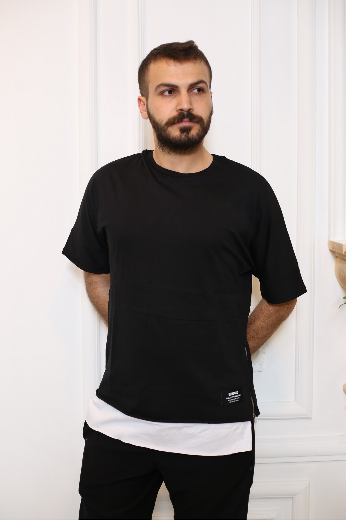 Siyah Yandan Fermuarlı Kısa Kol Bisiklet Yaka Oversize T-Shirt 3636-01