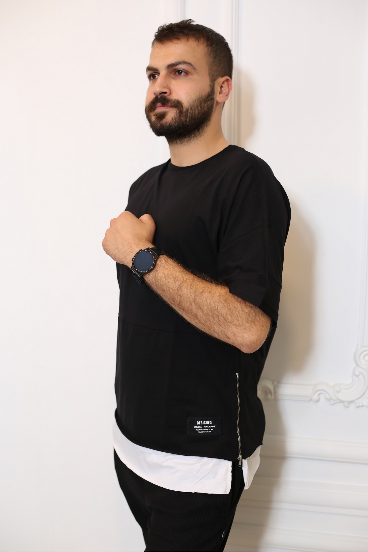 Siyah Yandan Fermuarlı Kısa Kol Bisiklet Yaka Oversize T-Shirt 3636-01