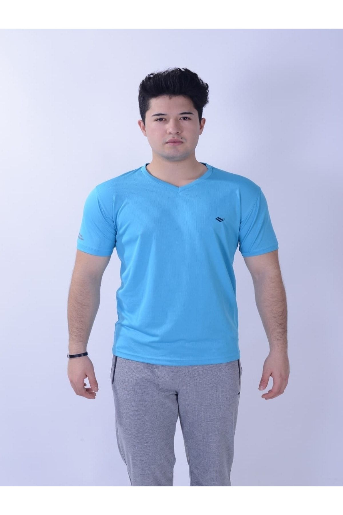 Erkek V Yaka Spor T-Shırt Turkuaz Crosstime 5019-07
