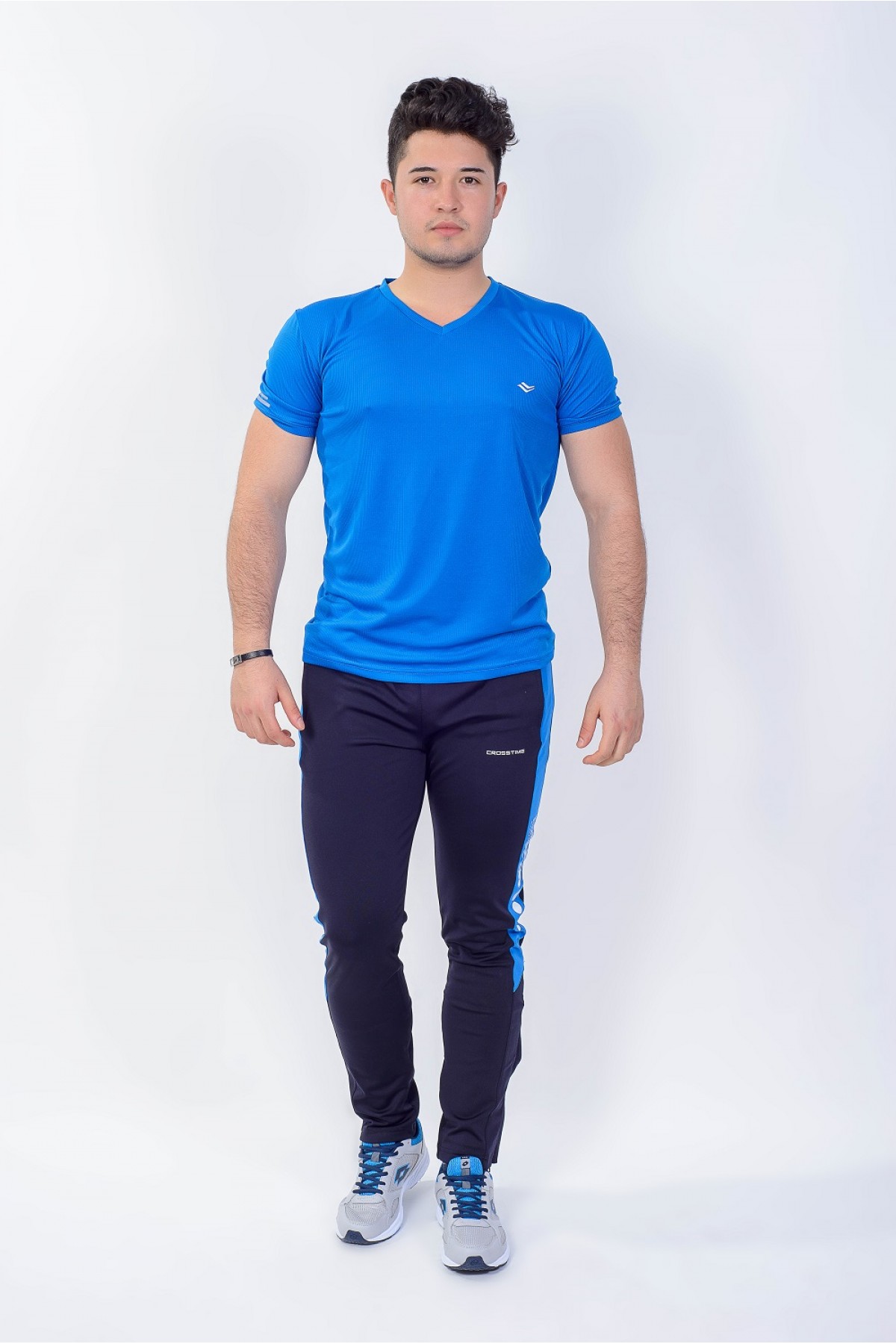 Erkek V Yaka Spor T-Shırt Saks Mavi Crosstime 5019-08