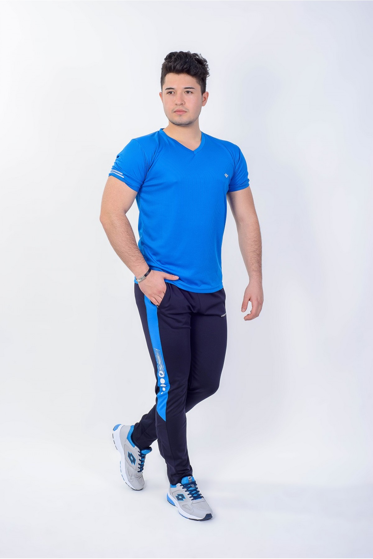 Erkek V Yaka Spor T-Shırt Saks Mavi Crosstime 5019-08