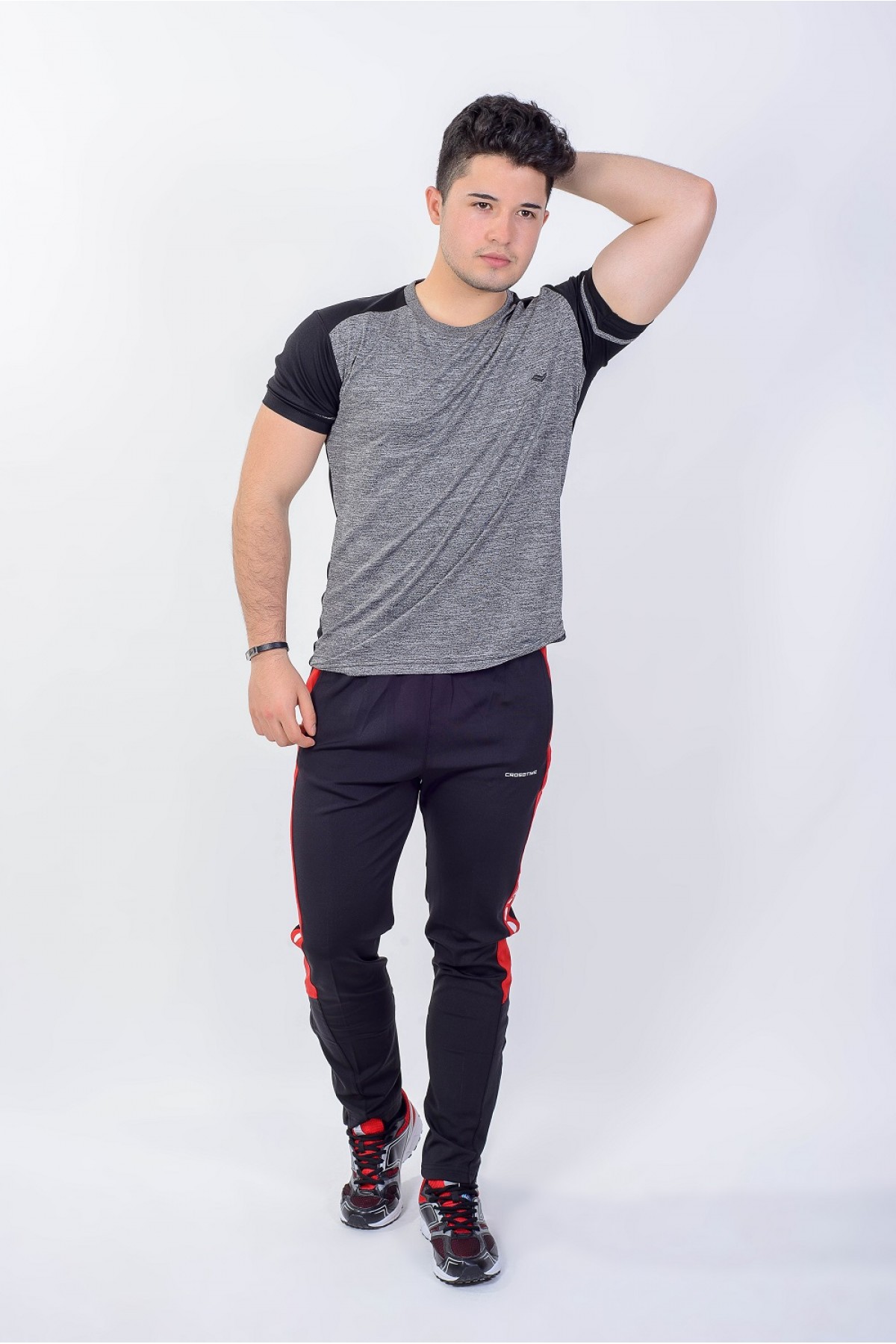 Erkek Bisiklet Yaka Spor T-Shırt Gri Melanj Crosstime 5022-03