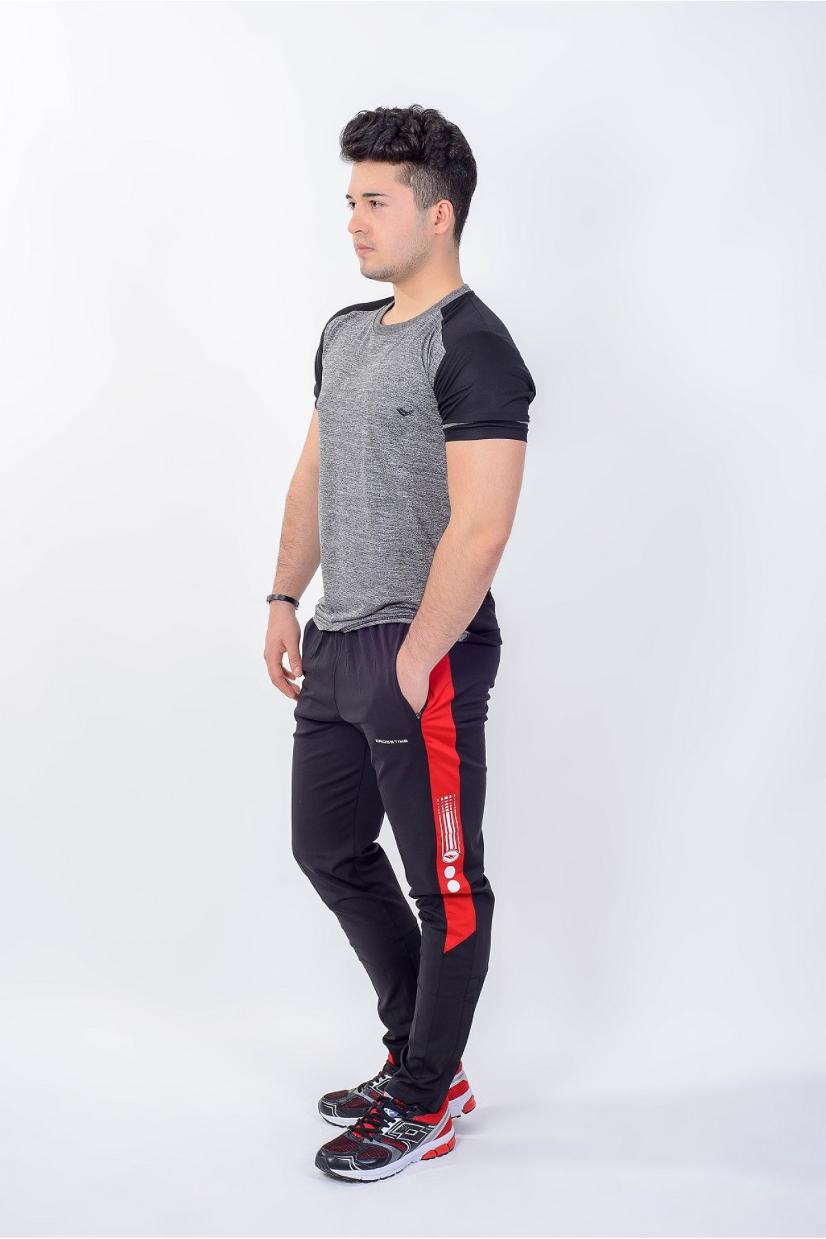 Erkek Bisiklet Yaka Spor T-Shırt Gri Melanj Crosstime 5022-03