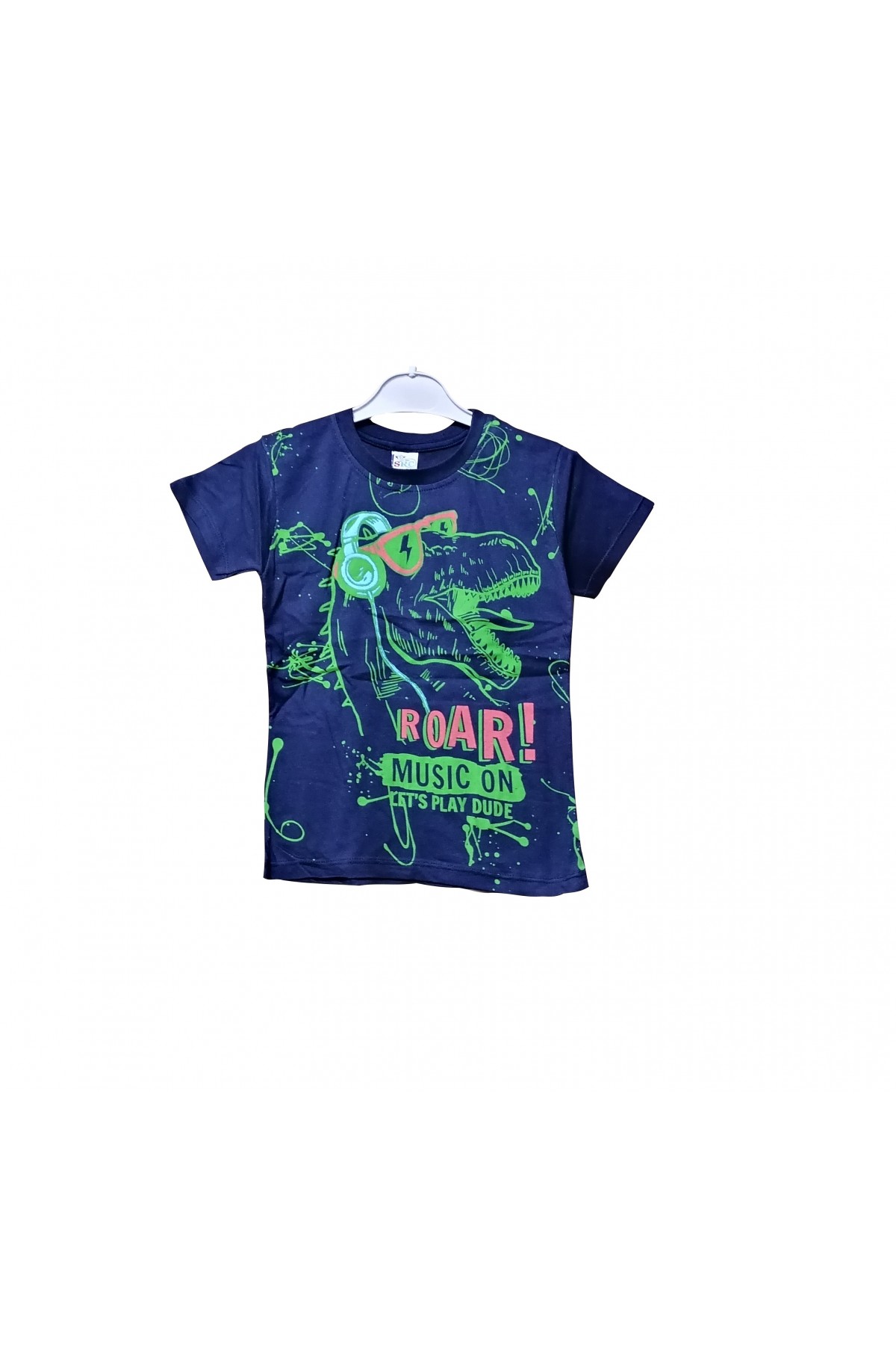 Erkek Çocuk Lacivert Dinazor Baskılı Bisiklet Yaka Kısa Kol T-Shirt 6003-1