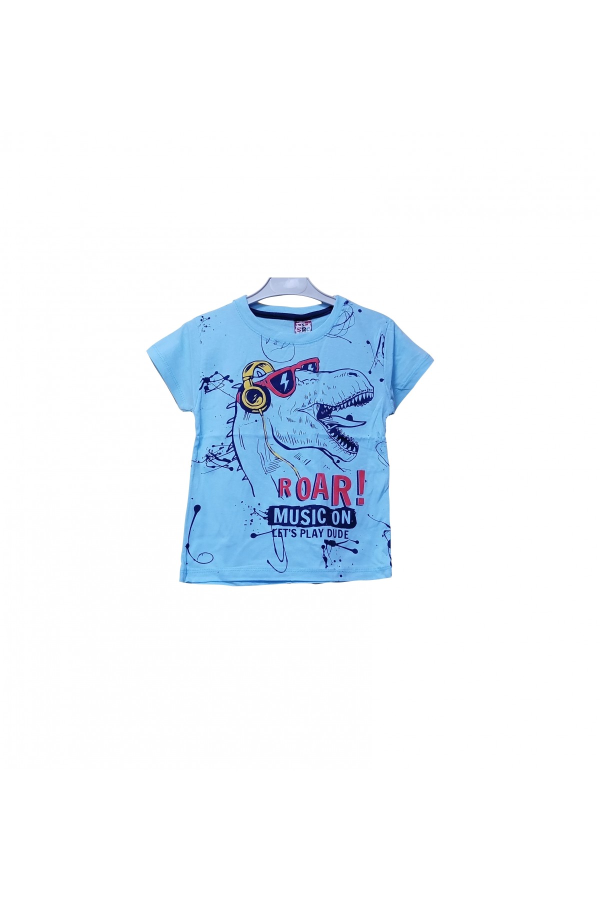 Erkek Çocuk Turkuaz Dinazor Baskılı Bisiklet Yaka Kısa Kol T-Shirt 6003-2