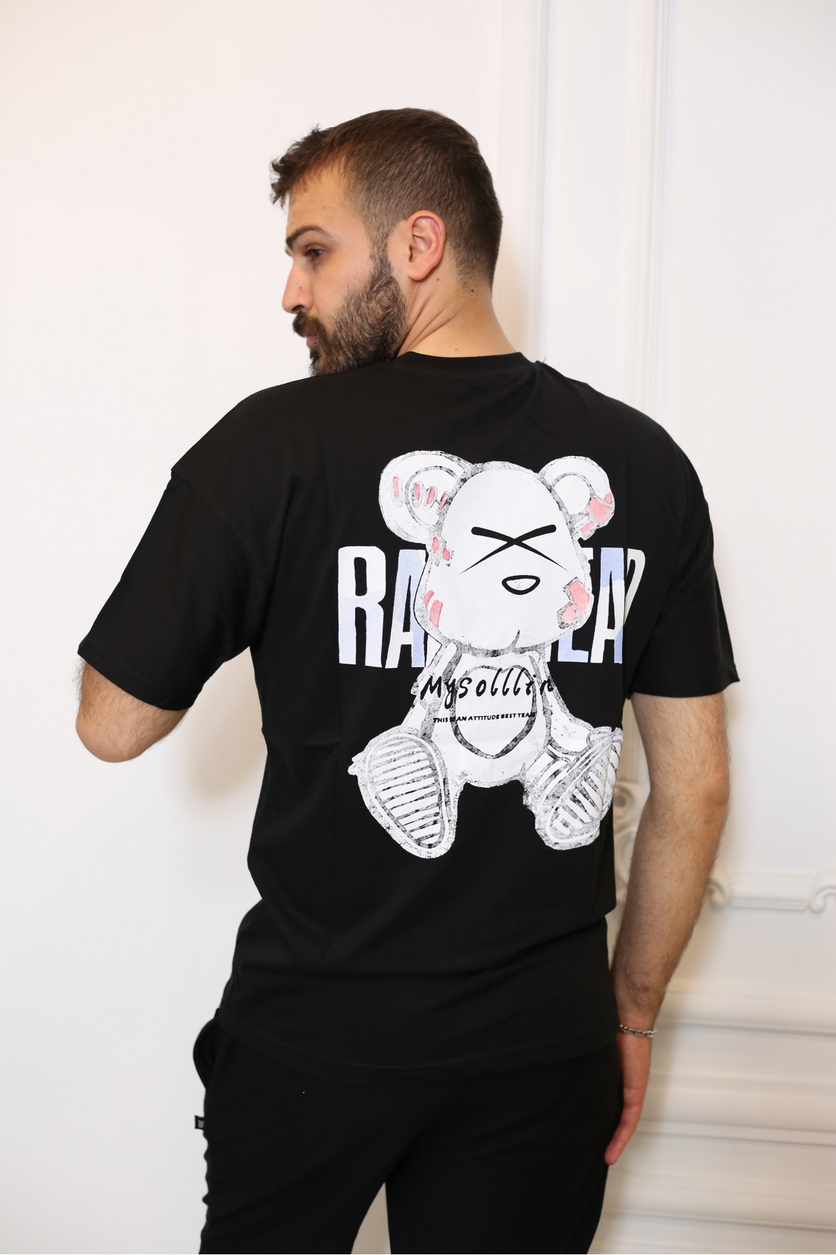 Siyah Kısa Kol Bisiklet Yaka Sırt Yazılı Baskılı Oversize T-Shirt 8030-01