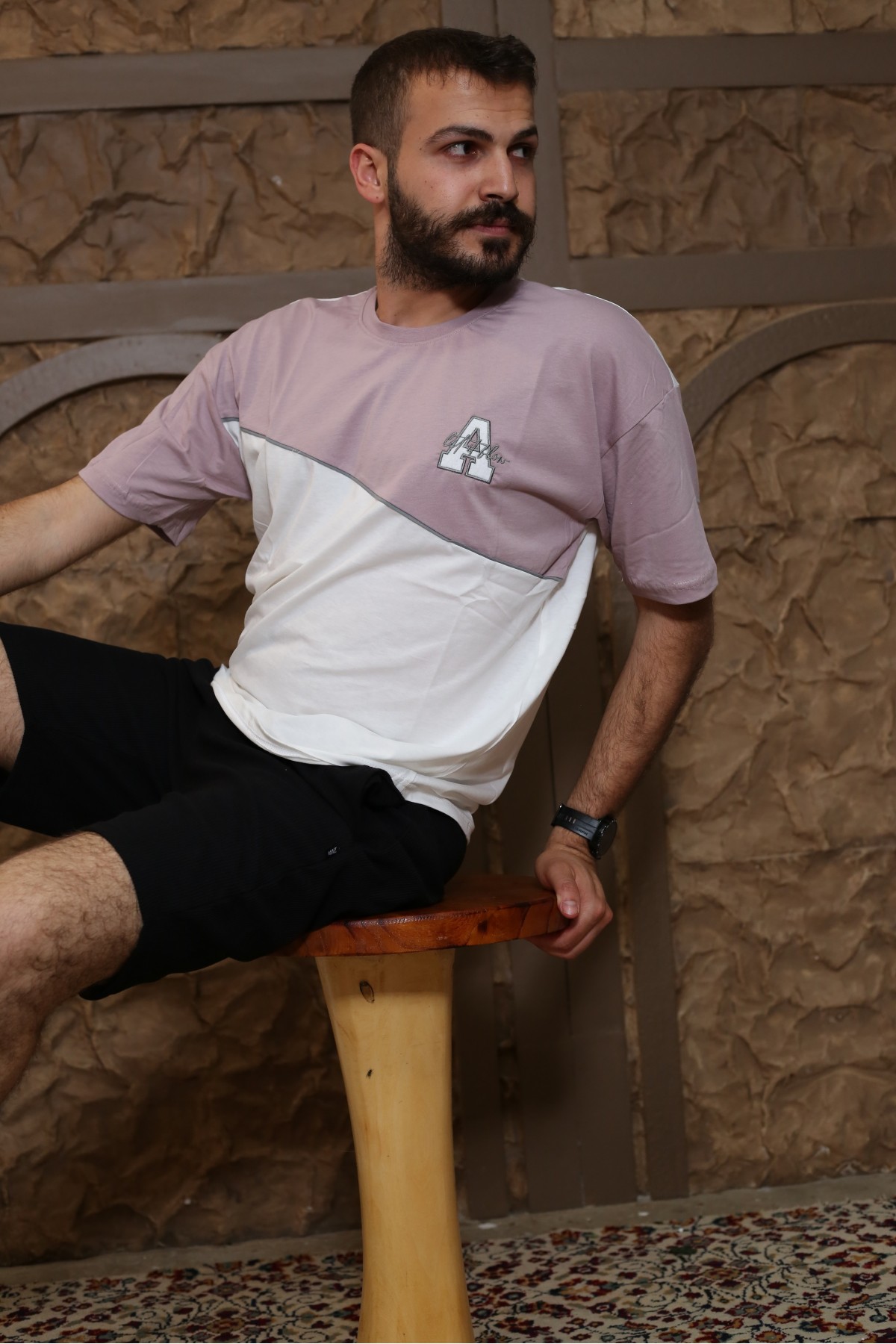 Gül Kurusu Baskılı Kısa Kol Bisiklet Yaka Oversize T-Shirt 8073-29