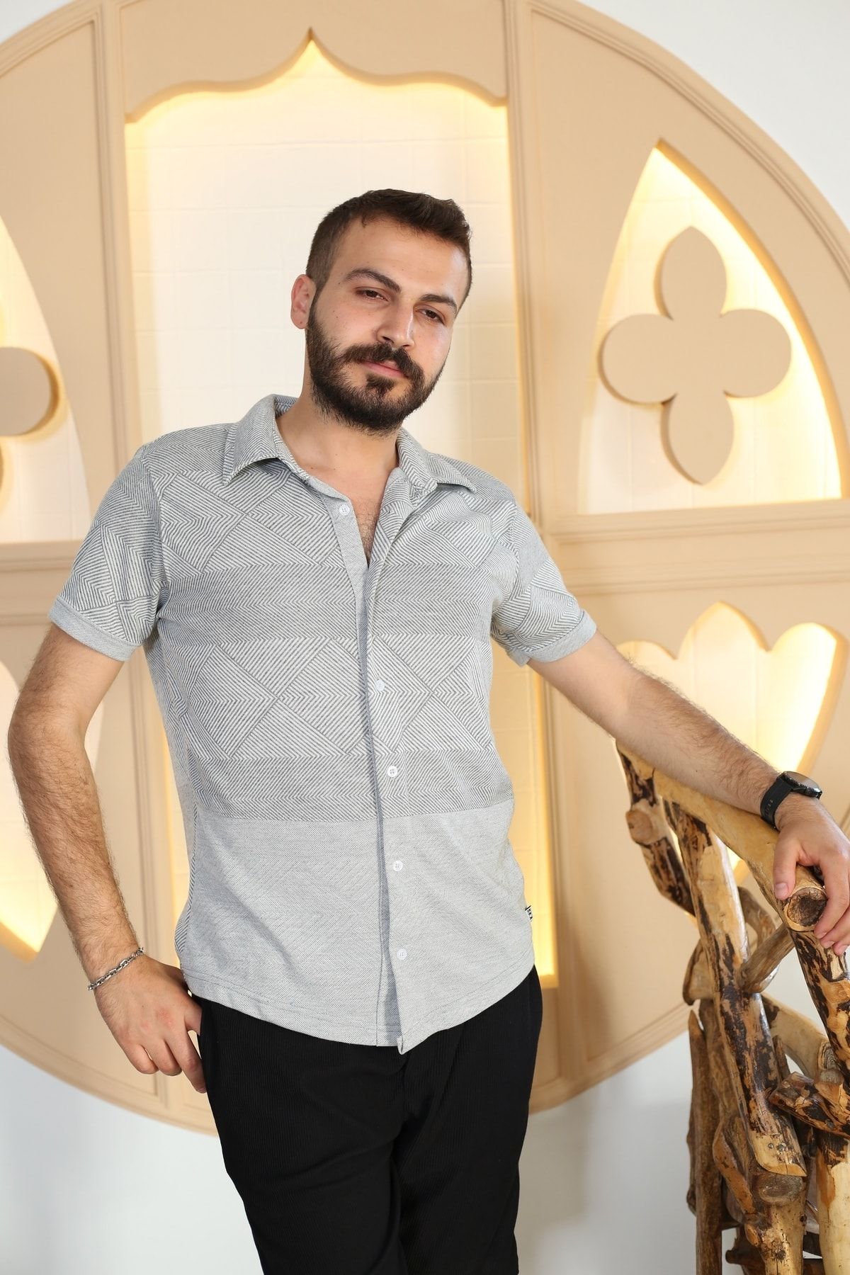 Erkek Gri Desenli Kısa Kol Polo Yaka Tarz Gömlek 8105-11