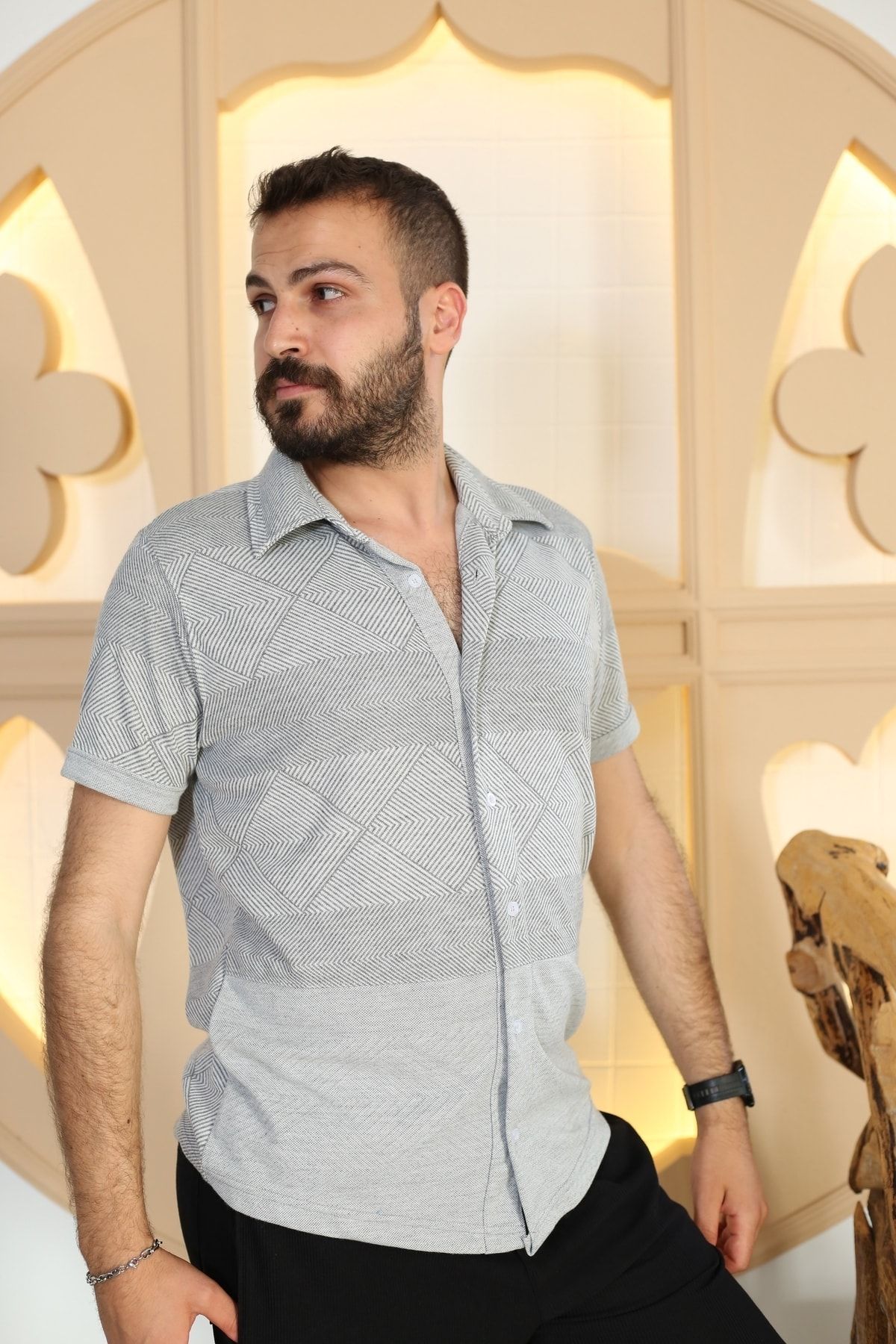 Erkek Gri Desenli Kısa Kol Polo Yaka Tarz Gömlek 8105-11