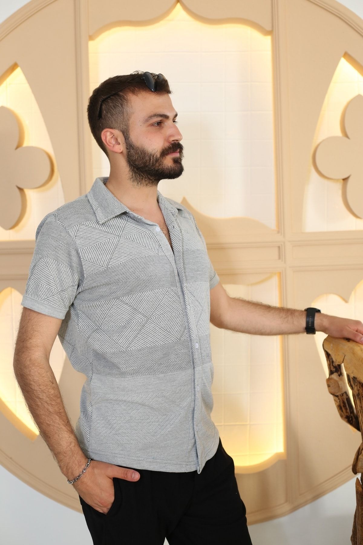 Erkek Gri Desenli Kısa Kol Polo Yaka Tarz Gömlek 8105-11