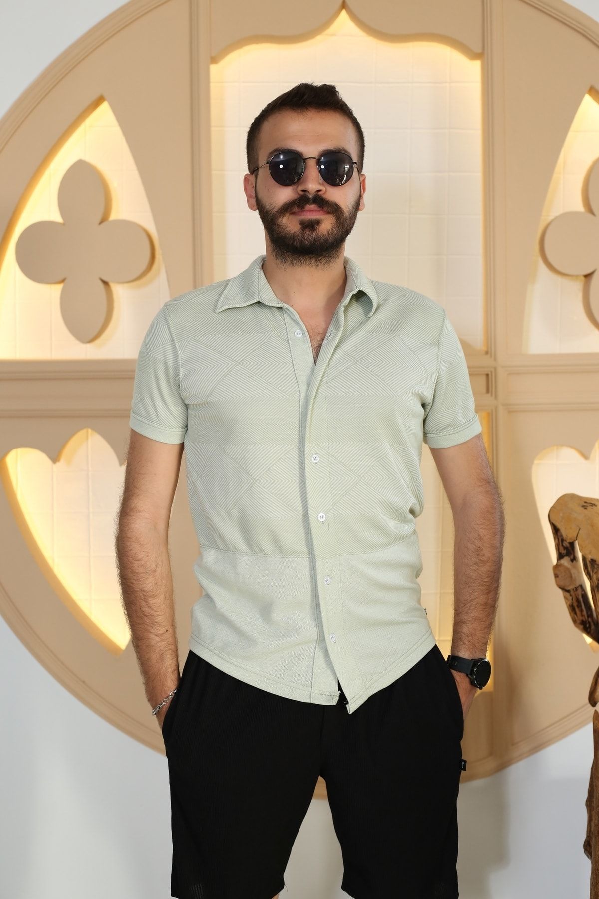 Erkek Çağla Yeşili Desenli Kısa Kol Polo Yaka Tarz Gömlek 8105-44