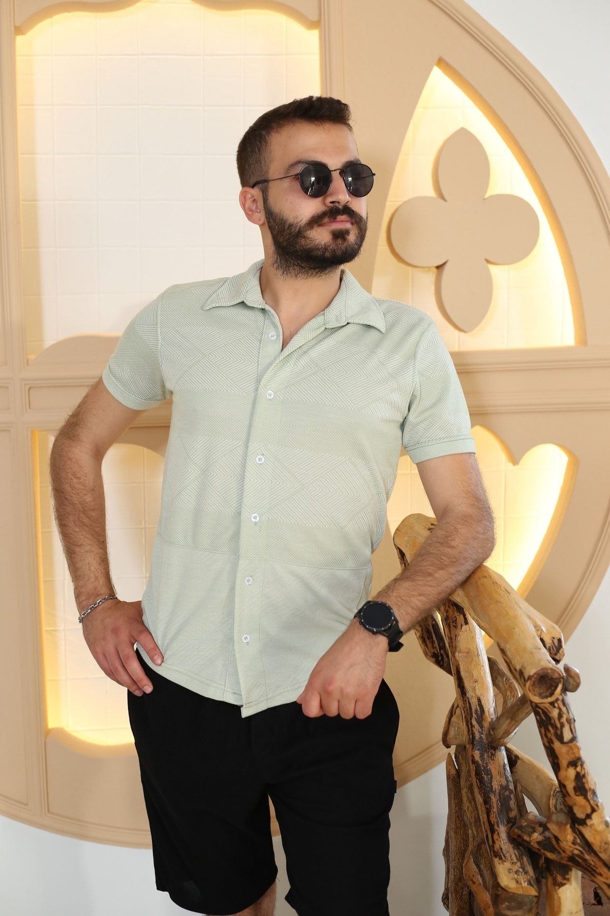 Erkek Çağla Yeşili Desenli Kısa Kol Polo Yaka Tarz Gömlek 8105-44