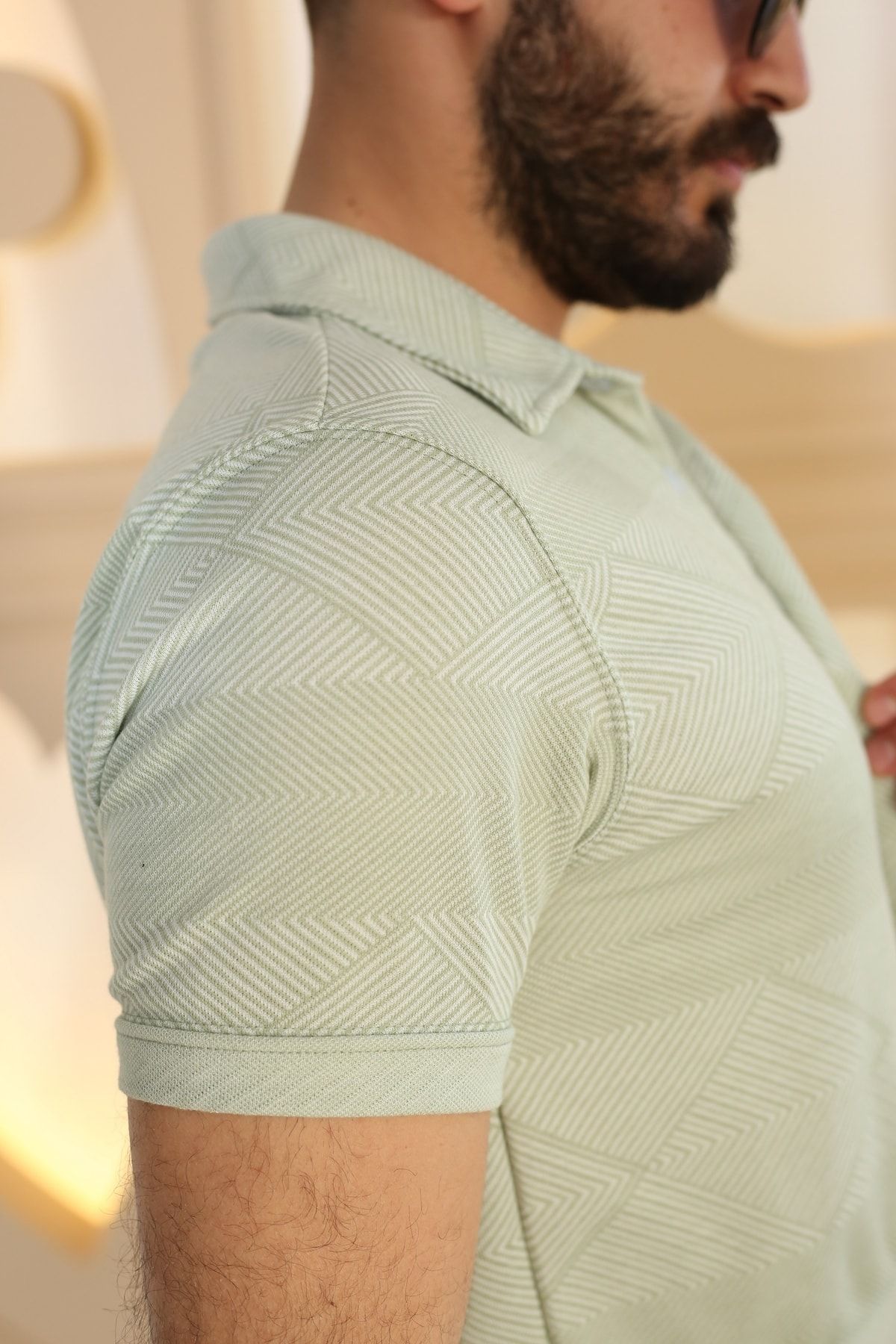 Erkek Çağla Yeşili Desenli Kısa Kol Polo Yaka Tarz Gömlek 8105-44