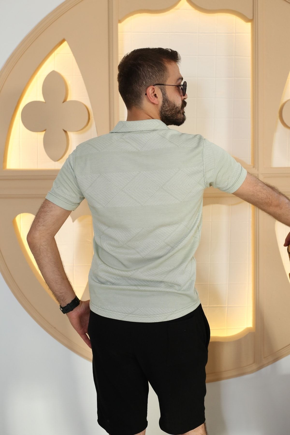 Erkek Çağla Yeşili Desenli Kısa Kol Polo Yaka Tarz Gömlek 8105-44