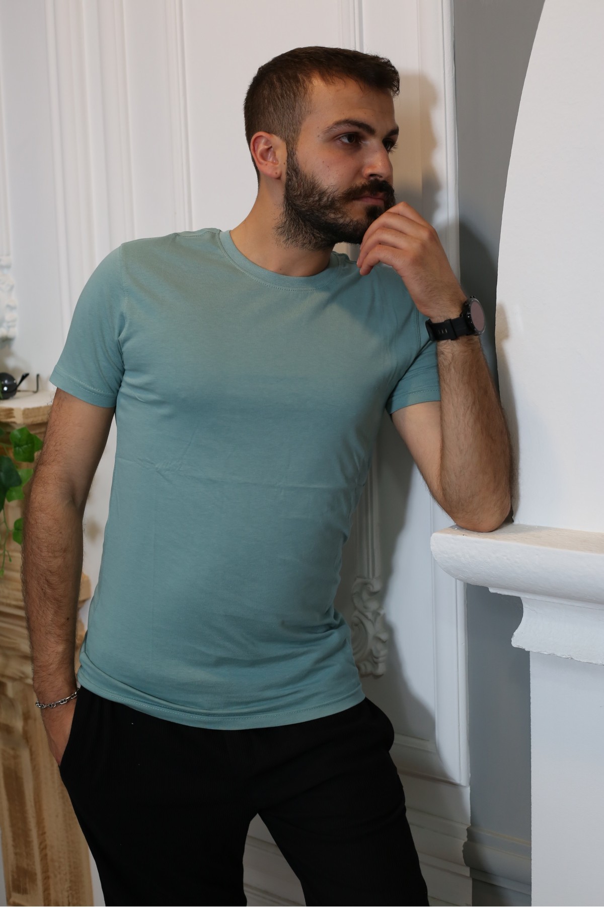 Çağla Yeşili Kısa Kol Bisiklet Yaka Slim T-Shirt 8116-44