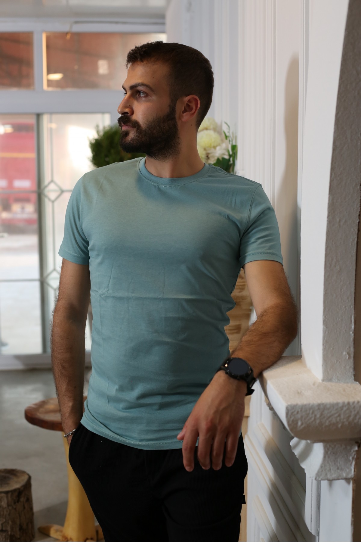 Çağla Yeşili Kısa Kol Bisiklet Yaka Slim T-Shirt 8116-44