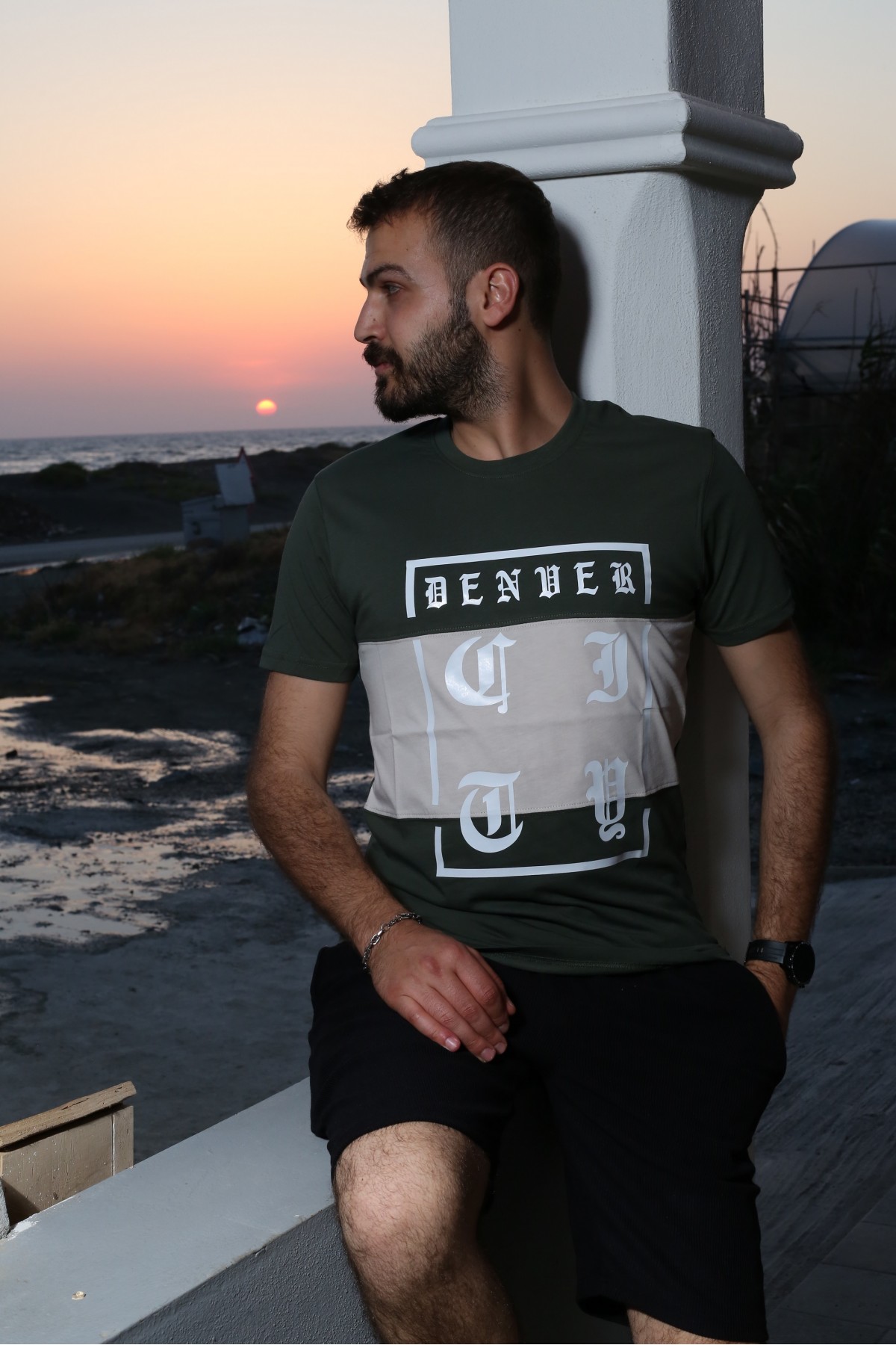 Haki Baskılı Kısa Kol Bisiklet Yaka Slim T-Shirt 8140-06