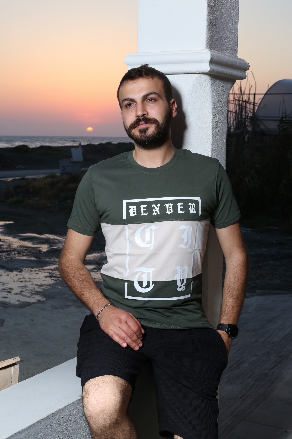 Haki Baskılı Kısa Kol Bisiklet Yaka Slim T-Shirt 8140-06