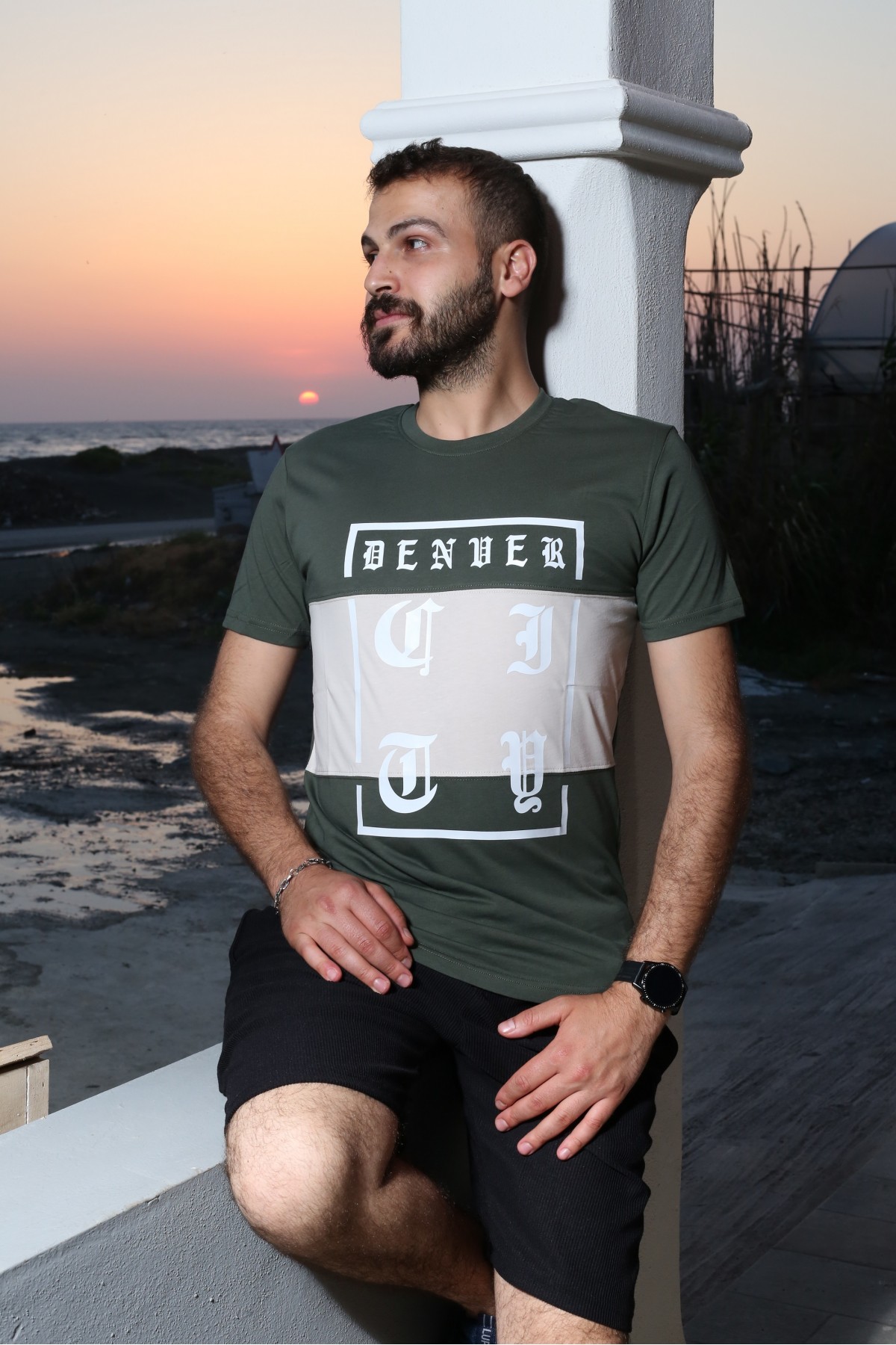 Haki Baskılı Kısa Kol Bisiklet Yaka Slim T-Shirt 8140-06