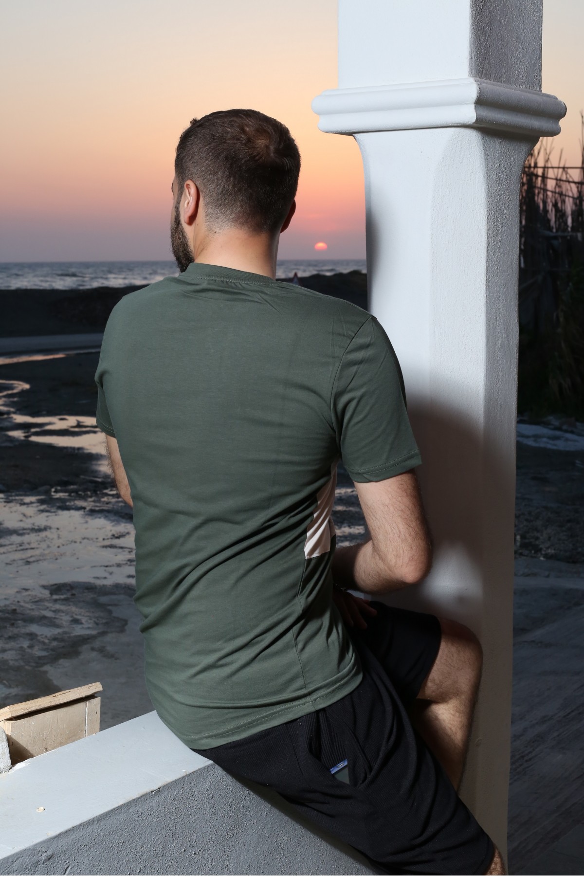 Haki Baskılı Kısa Kol Bisiklet Yaka Slim T-Shirt 8140-06