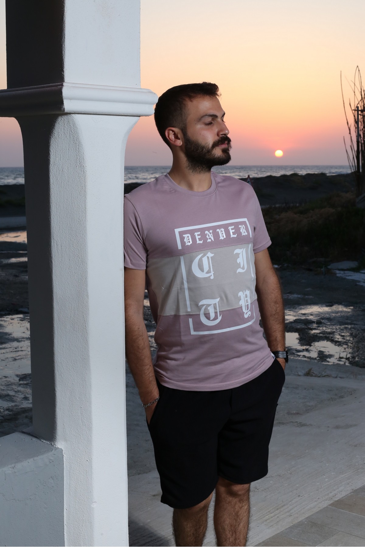 Gül Kurusu Baskılı Kısa Kol Bisiklet Yaka Slim T-Shirt 8140-29