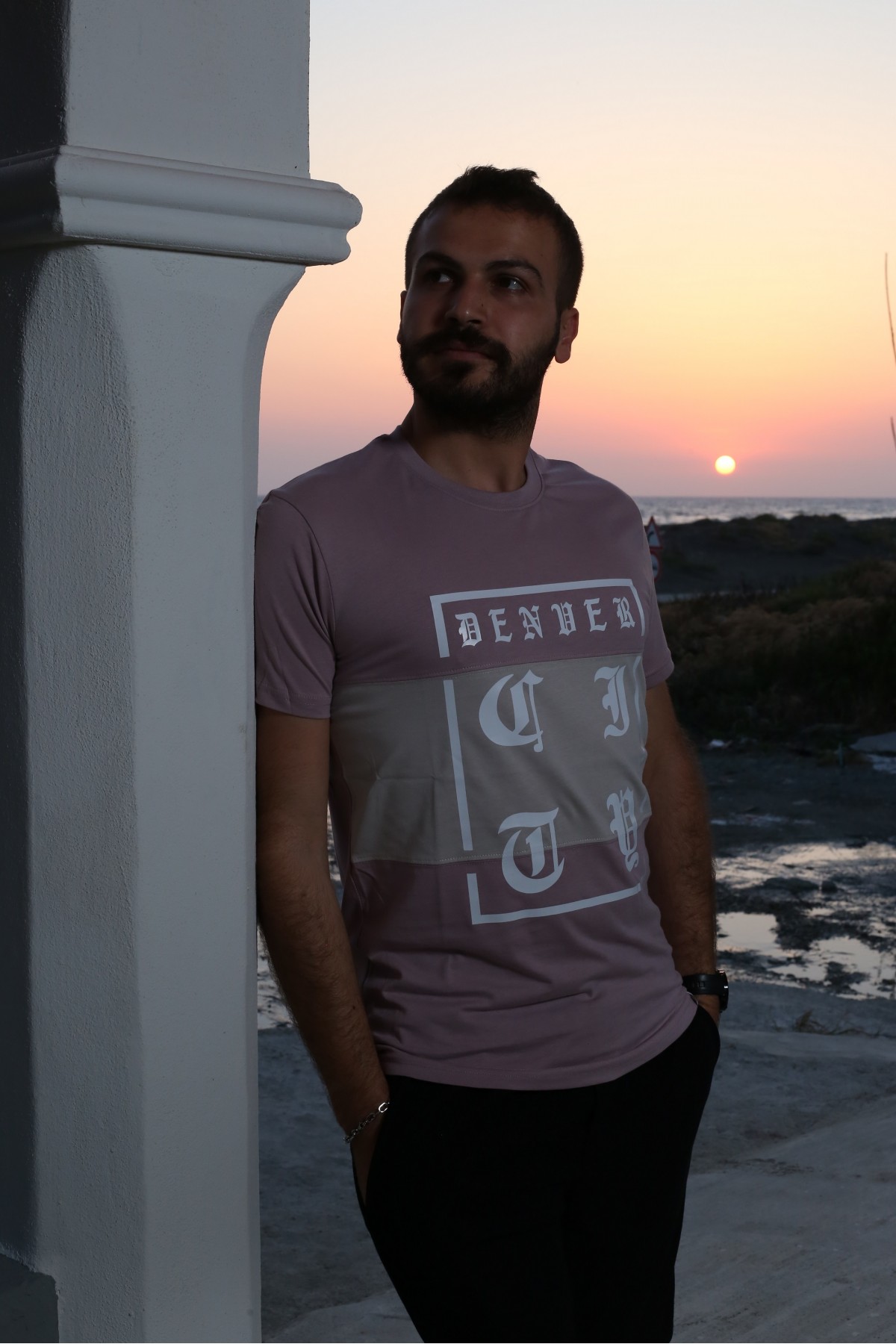 Gül Kurusu Baskılı Kısa Kol Bisiklet Yaka Slim T-Shirt 8140-29