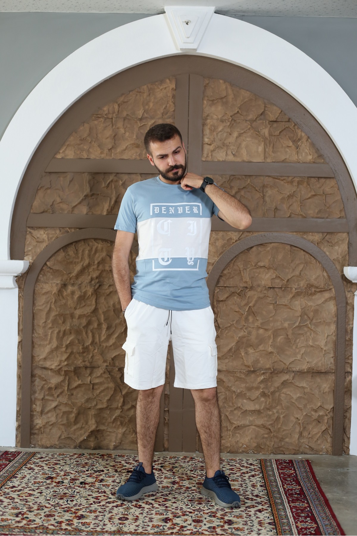 Turkuaz Baskılı Kısa Kol Bisiklet Yaka Slim T-Shirt 8140-31