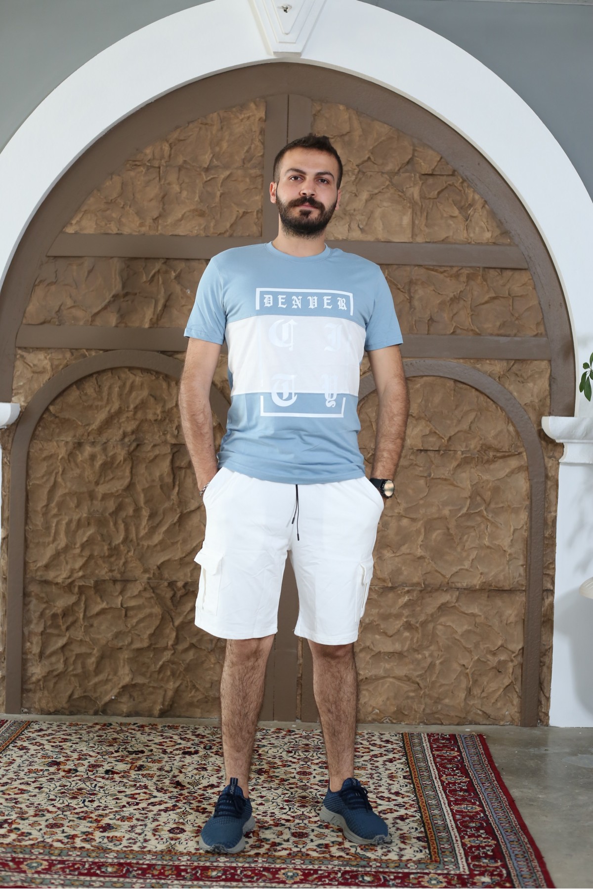 Turkuaz Baskılı Kısa Kol Bisiklet Yaka Slim T-Shirt 8140-31