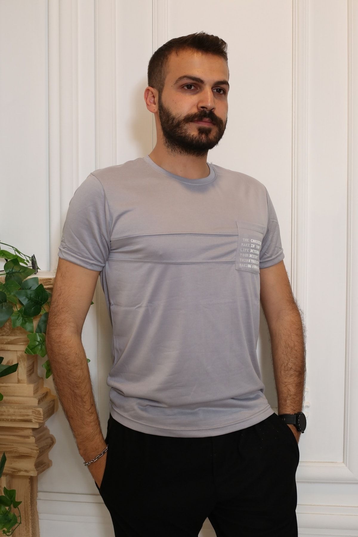 Erkek Gri Kısa Kol Tarz T-Shirt 8153-11