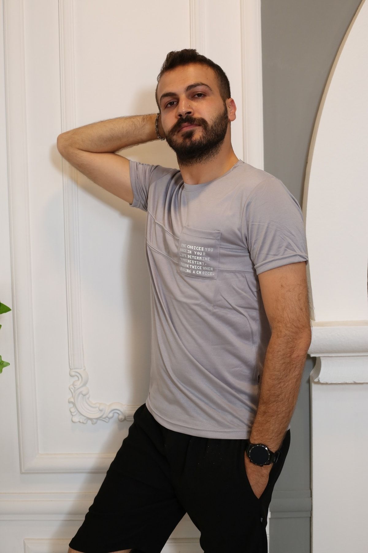 Erkek Gri Kısa Kol Tarz T-Shirt 8153-11