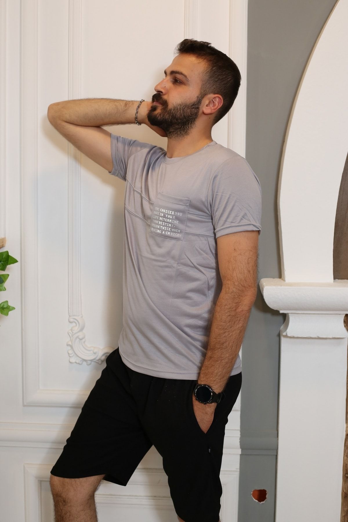 Erkek Gri Kısa Kol Tarz T-Shirt 8153-11