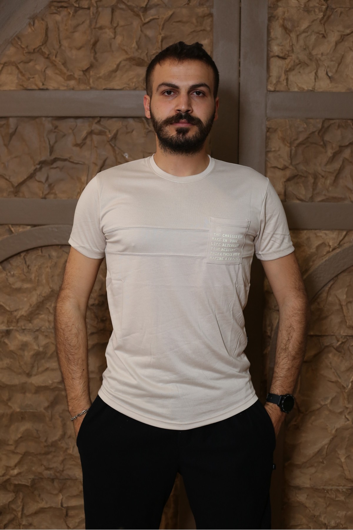 Erkek Bej Kısa Kol Tarz T-Shirt 8153-16